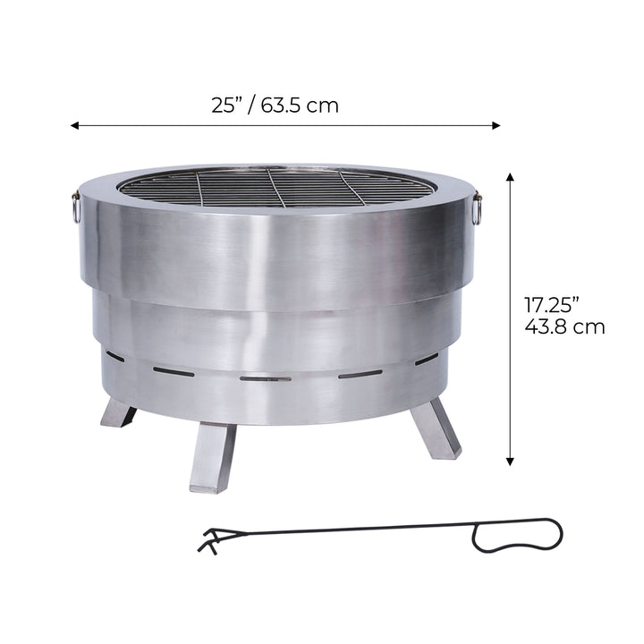 Teamson Home Felix Stainless Steel Collapsible Wood-Burning Fire Pit with dimensions labeled in inches and centimeters