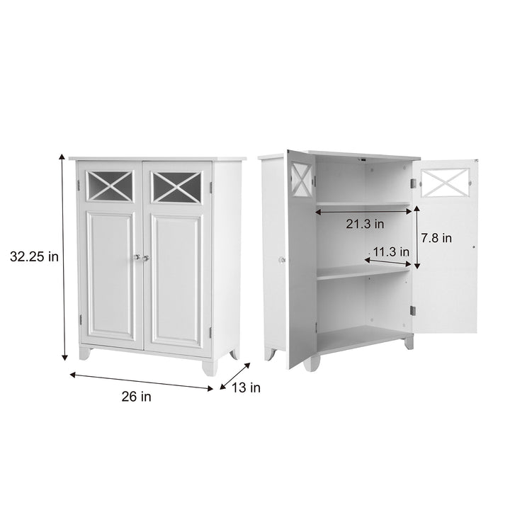 Teamson Home Dawson Double Door Floor Cabinet, White with dimensions of the exterior and interior in inches and centimeters