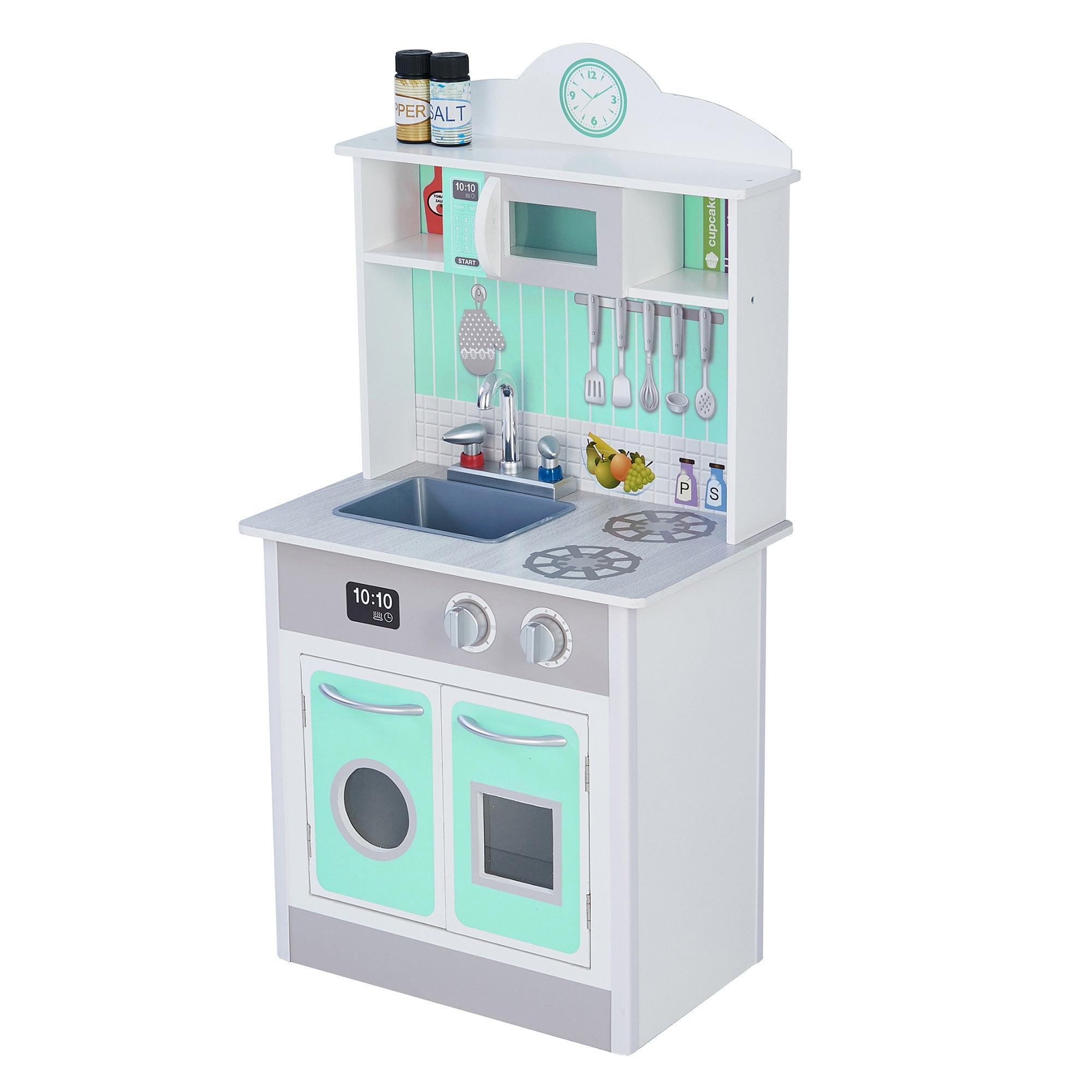 Teamson Kids Little Chef Madrid Classic Play Kitchen with Salt & Pepper Shakers, Mint/Gray