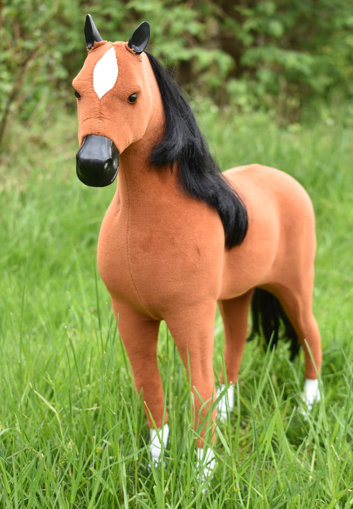 A brown and black horse with realistic fur-like skin and black hair.
