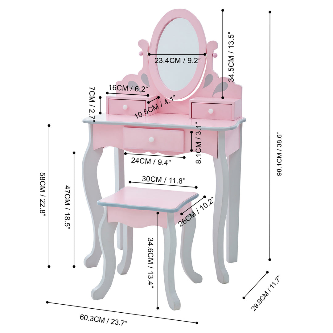A Teamson Kids Little Princess Rapunzel Vanity Playset, Pink / Gray with a mirror and stool.