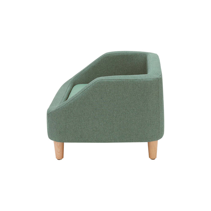 A view of the Bennett Linen Sofa Pet Bed for Cats and Dogs in a two-toned sea green from the side.