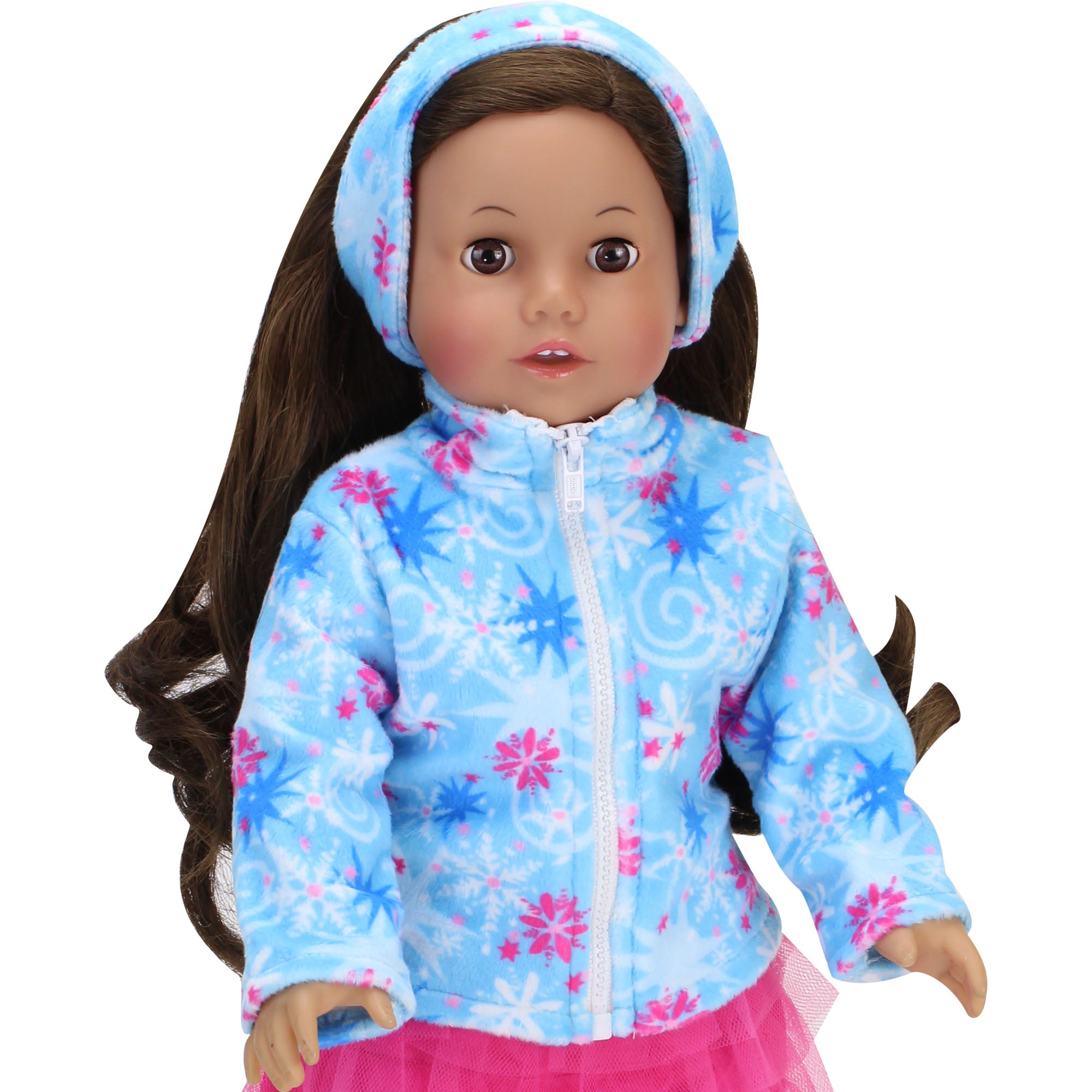 Sophia’s Seasonal Winter Snowflake Print Fleece Zip-Up Jacket & Matching Earmuff Set for 18” Dolls, Light Blue