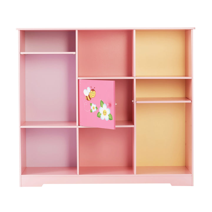 A view of the front of the pink storage cubicle emphasizing the adjustable shelving and three different colored back panels.