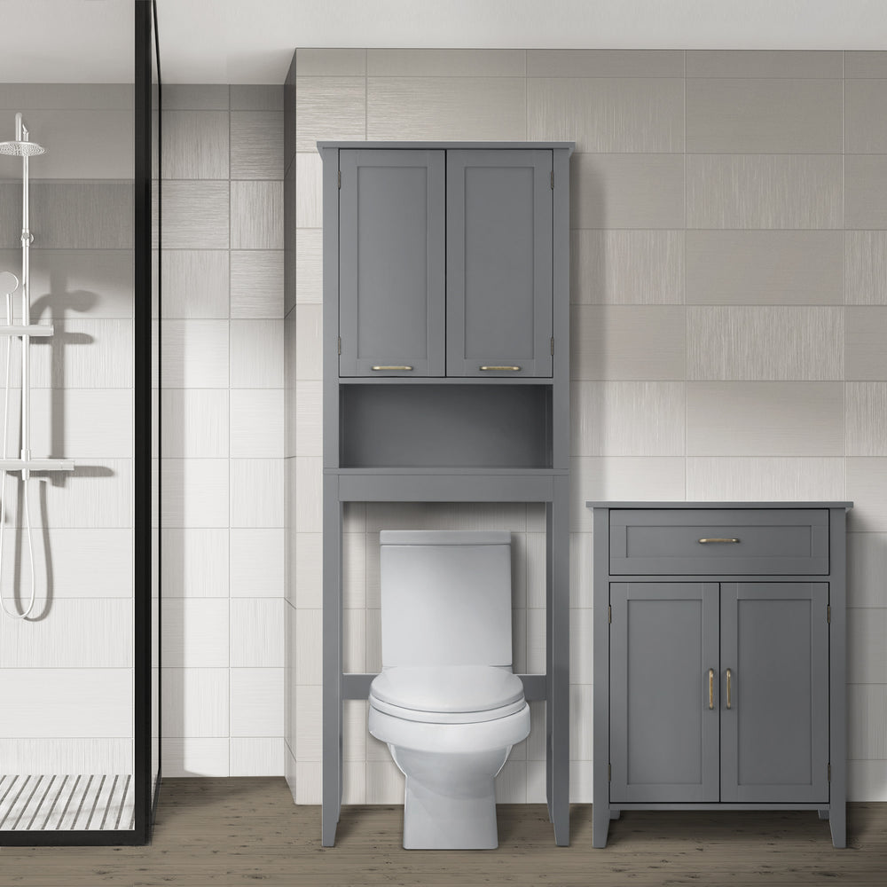 Gray Teamson Home Mercer Over-the-Toilet Cabinet with open shelving against a large tiled wall