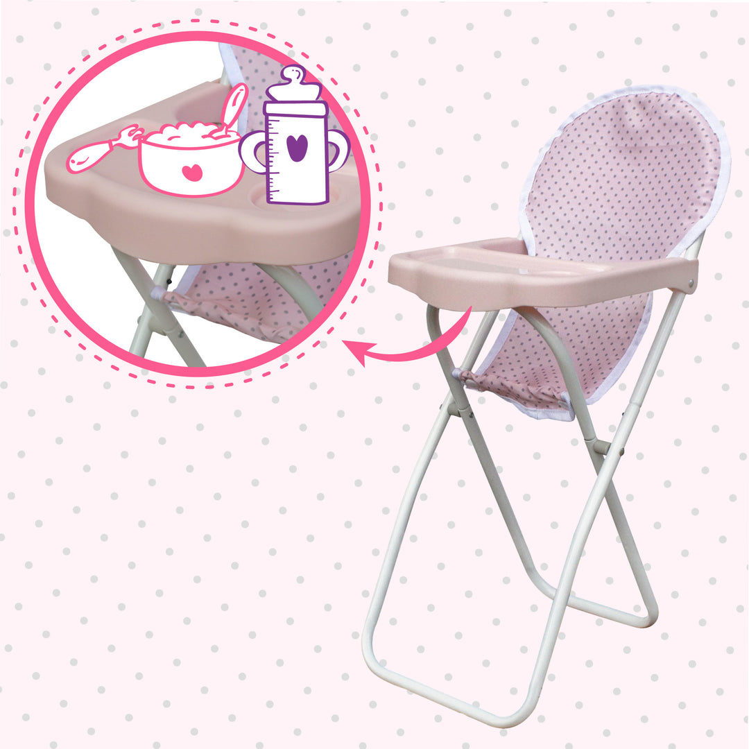 An infographic for a baby doll high chair calling out the tray with a fork, bowl and bottle icons.