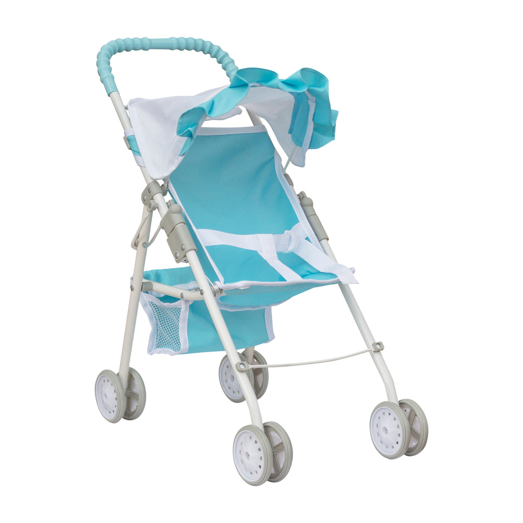 A blue and white baby doll stroller with a retractable canopy, storage basket and gray wheels.