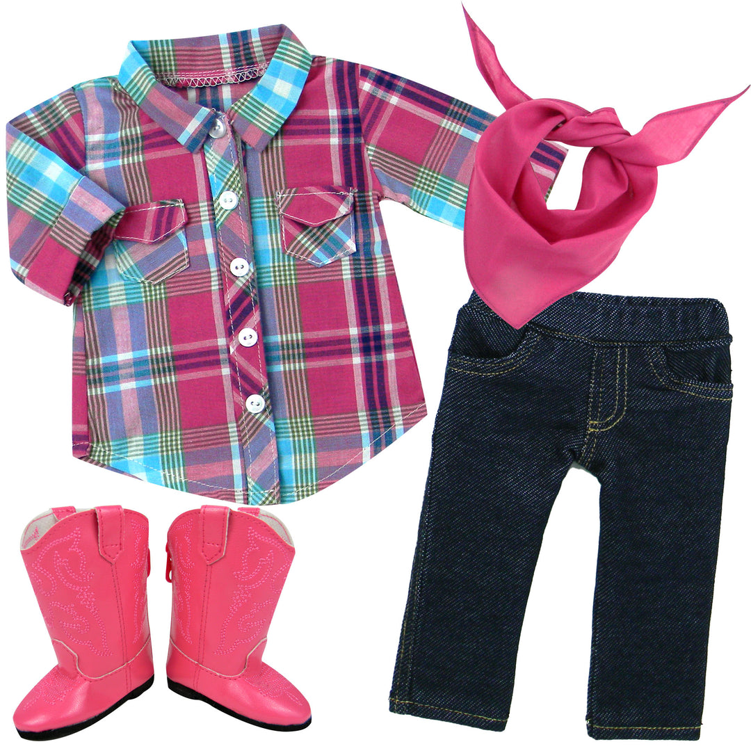 Sophia's Doll Pink Cowboy Boots, Plaid Shirt, Jeans, and Bandana complete the doll's western outfit.