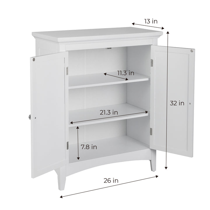 A look inside a White Glancy 2-Door Floor Cabinet with Louvered Doors, Chrome Knobs with the dimensions listed in inches and centimeters