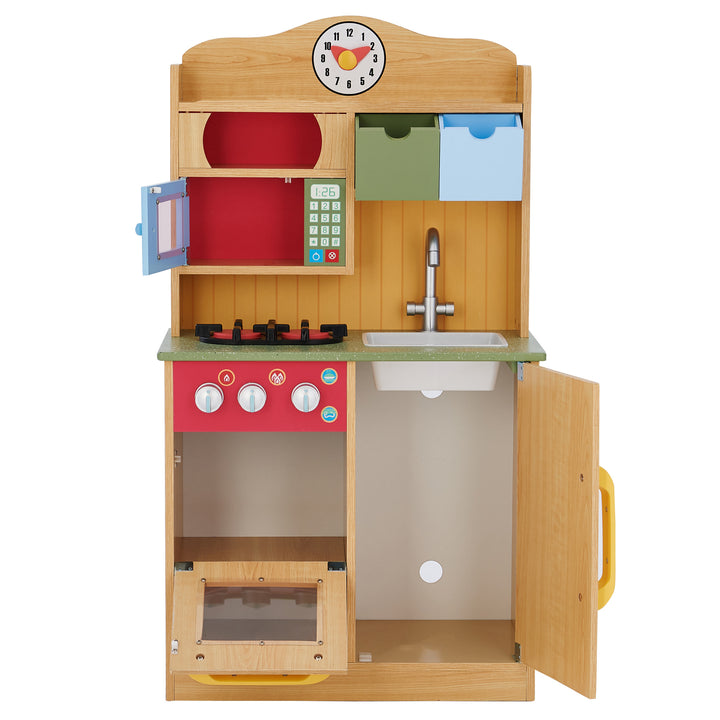 Teamson Kids Little Chef Florence Classic Play Kitchen with 5 Kitchen Accessory Toys with doors open.