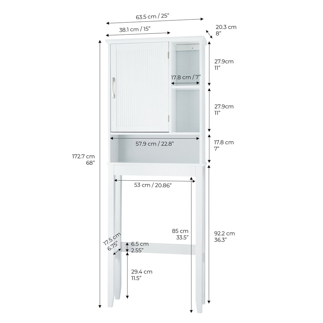 White Teamson Home Newport Over-the-Toilet Cabinet with open shelving with dimensions in inches and centimeters