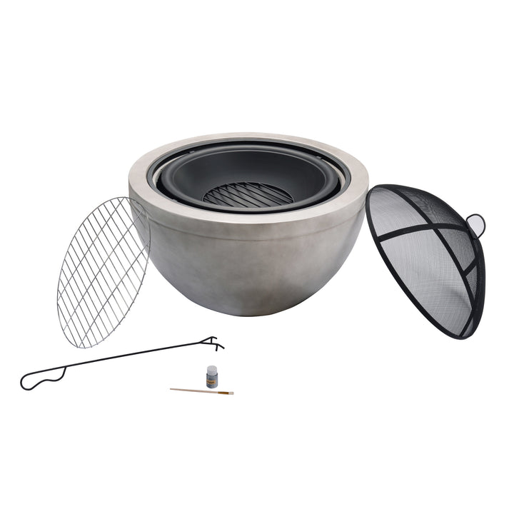Outdoor decor Teamson Home 30" Outdoor Round Wood Burning Fire Pit with Faux Concrete Base, Gray with grilling grate, spark screen, and poker on a white background.