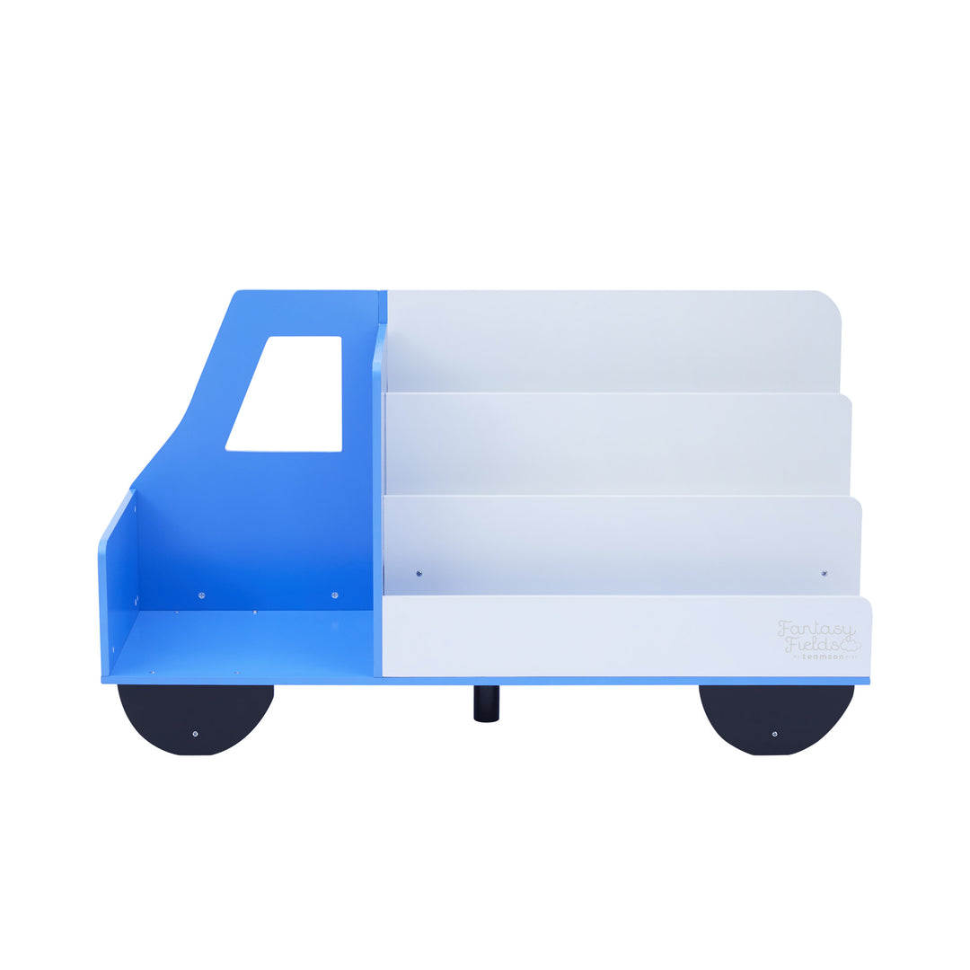 A Fantasy Fields Truck Wooden Display Bookcase, White/Blue with a truck on it, perfect for a children's bedroom.