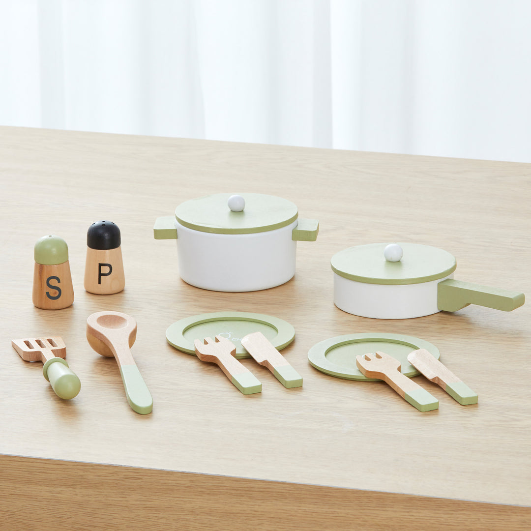 Teamson Kids Little Chef Frankfurt Wooden Cookware Play Kitchen Accessories, Green on a wooden table with kid-friendly dimensions.