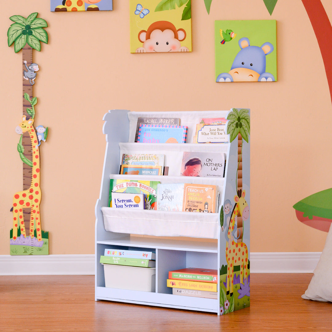 Jungle themed bedroom with a 3-tier bookcase with two storage cubbies below.