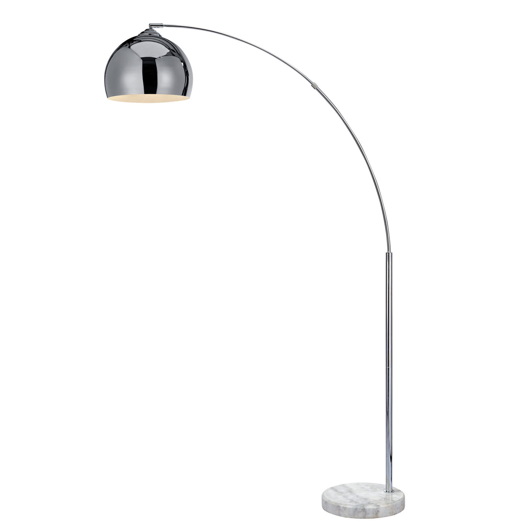 A Teamson Home Arquer Arc 66" Metal Floor Lamp with Bell Shade, Chrome with a marble base.