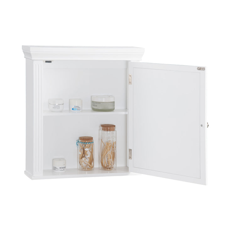 An open White Teamson Home Removable Mirrored Medicine Cabinet with Crown Molded Top with toiletries inside
