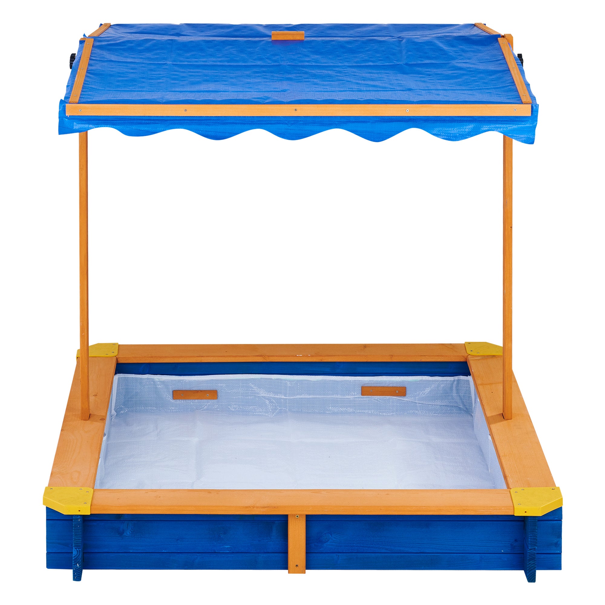 Teamson Kids 4' Square Solid Wood Sandbox with Rotatable Canopy Cover, Honey/Blue