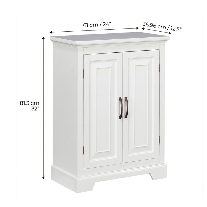 Dimensions in inches and centimeters for the White Teamson Home St. James Two-Door Floor Cabinet with raised door panels