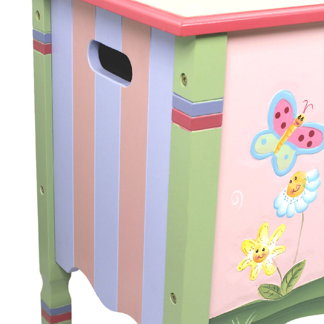 A Fantasy Fields Kids Magic Garden Kids Wooden Toy Storage Chest with butterflies and flowers on it.