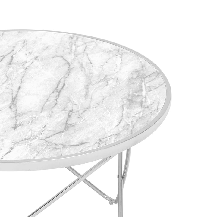 A Teamson Home Margo Small Round Faux White Carrara Marble coffee table.
