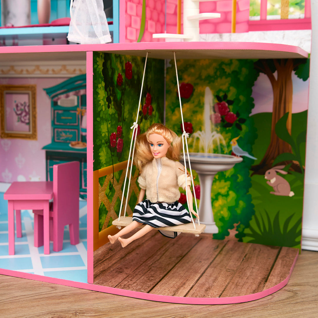A doll sits on a swing suspended from the second floor on a porch with trees and flower illustrations.