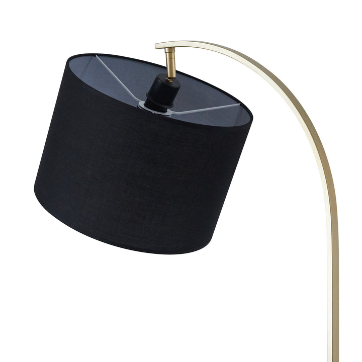 A Teamson Home Danna 65" Modern Metal Arc Floor Lamp with Marble Base, Built-In Table, and USB Port, Black with a gold base and a USB port.