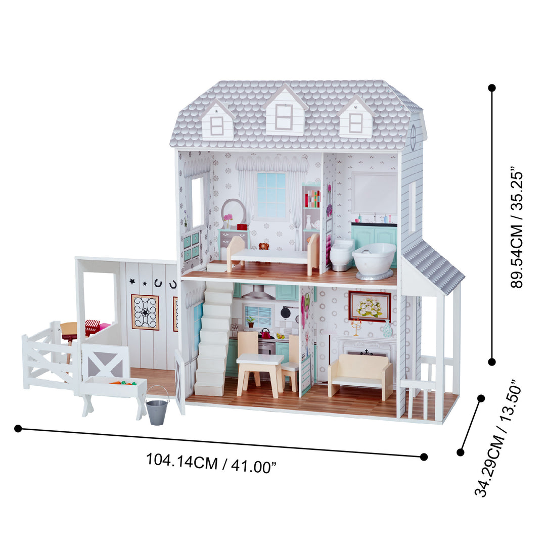 An image of the Teamson Kids Dreamland Farm Dollhouse with 14 Accessories, White/Gray with kid-sized dimensions in inches and centimeters.