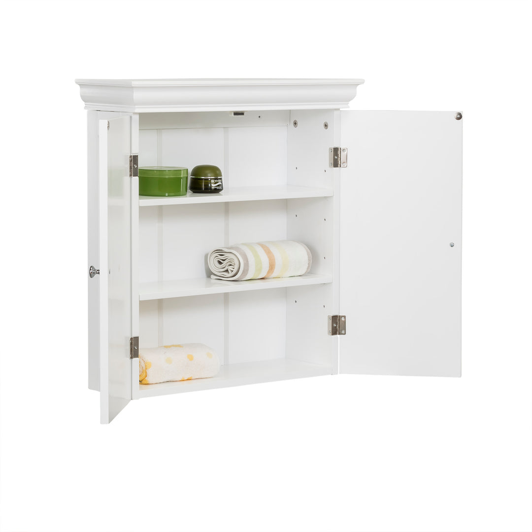 Teamson Home White Stratford Removable Wall Cabinet with the doors open and toiletries and towels on the shelves