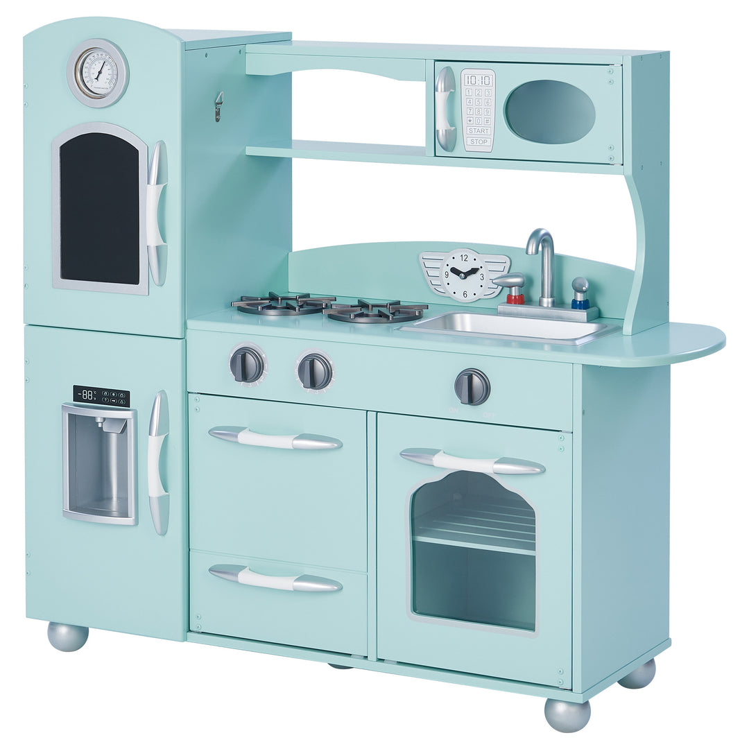 Teamson Kids Little Chef Westchester Retro Kids Kitchen Playset in mint with interactive features, including various pretend appliances and a toy telephone.