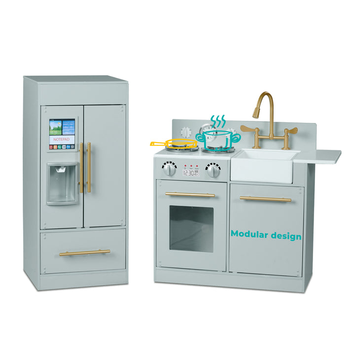 Teamson Kids Little Chef Charlotte Modern Play Kitchen, Silver Gray/Gold with integrated appliances and digital interfaces.