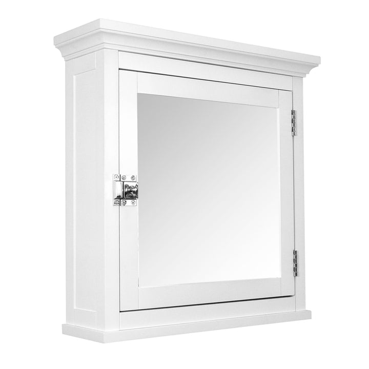 A view from the side of a White Teamson Home Madison Removable Mirrored Medicine Cabinet with Crown Molded Top