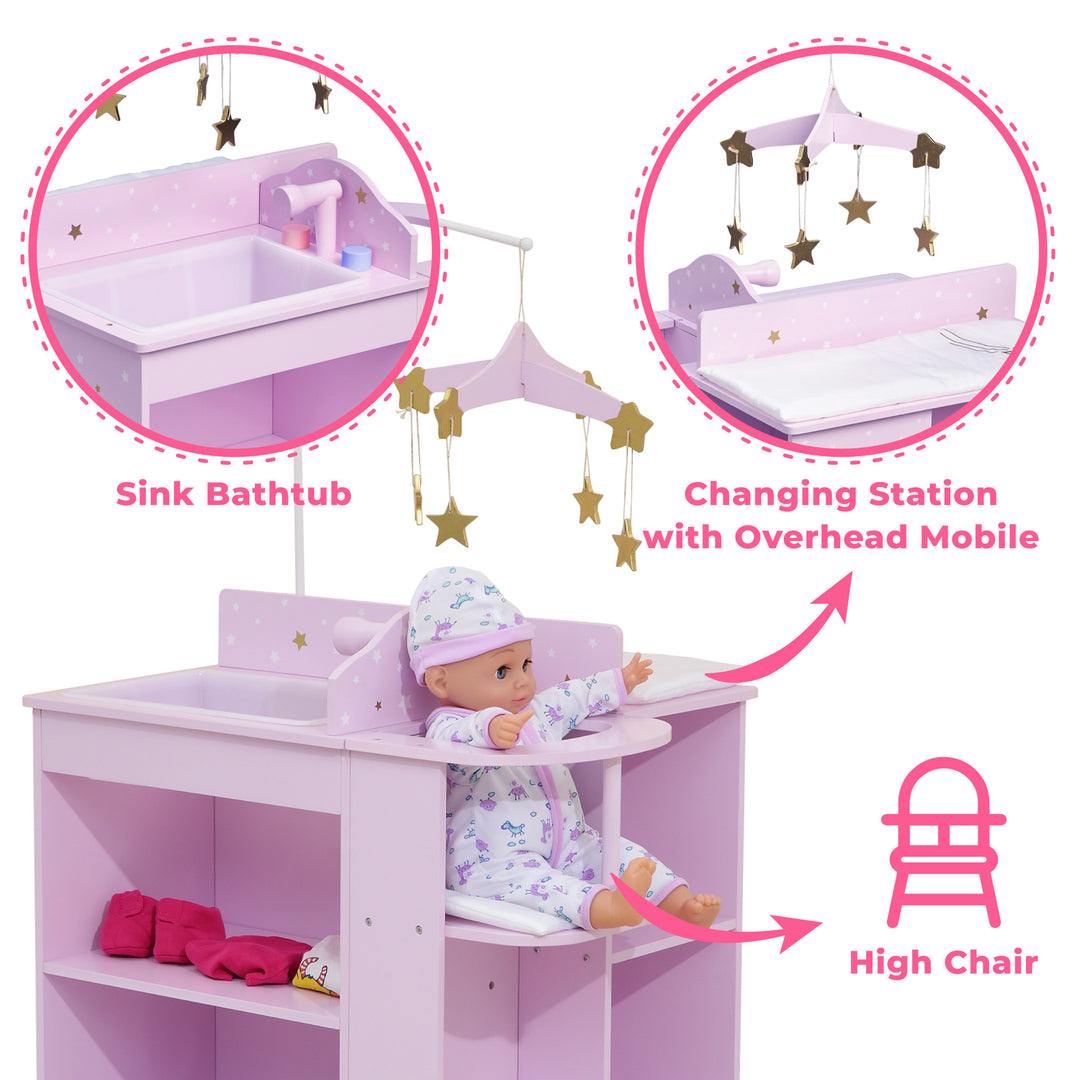 A baby doll changing station in purple with white and gold stars with callouts of the sink, changing table, and high chair with captions "sink bathtub", "changing station with overhead mobile" and "high chair"