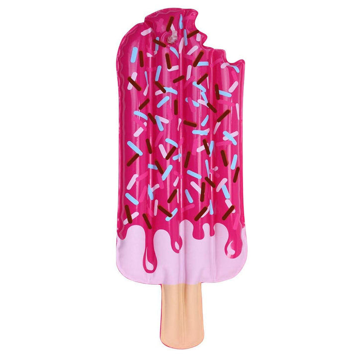 A pink popsicle-shaped inflatable raft for 18" dolls with sprinkles. 