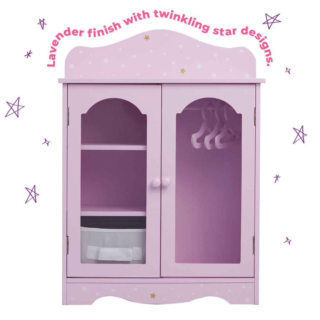 A front view an 18" doll purple closet with white and gold stars, 3 hangers and three shelves and a canvas bin, with a caption, "Lavender finish with twinkling star designs."