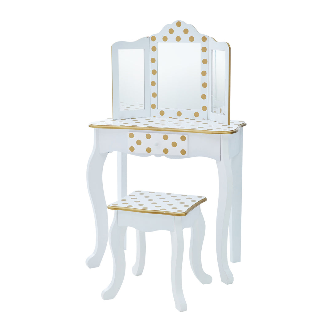 A Teamson Kids Gisele Polka Dot Vanity Playset, White / Gold with a stool.