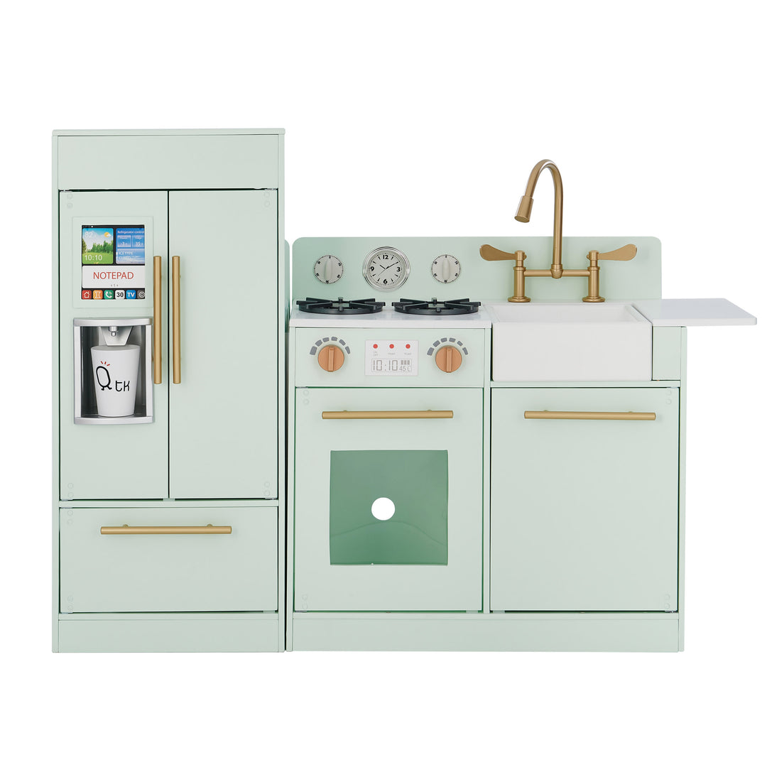 Modern Teamson Kids Little Chef Charlotte play kitchen for children with pastel green cabinets, stove, sink, accessory holders, and interactive features.