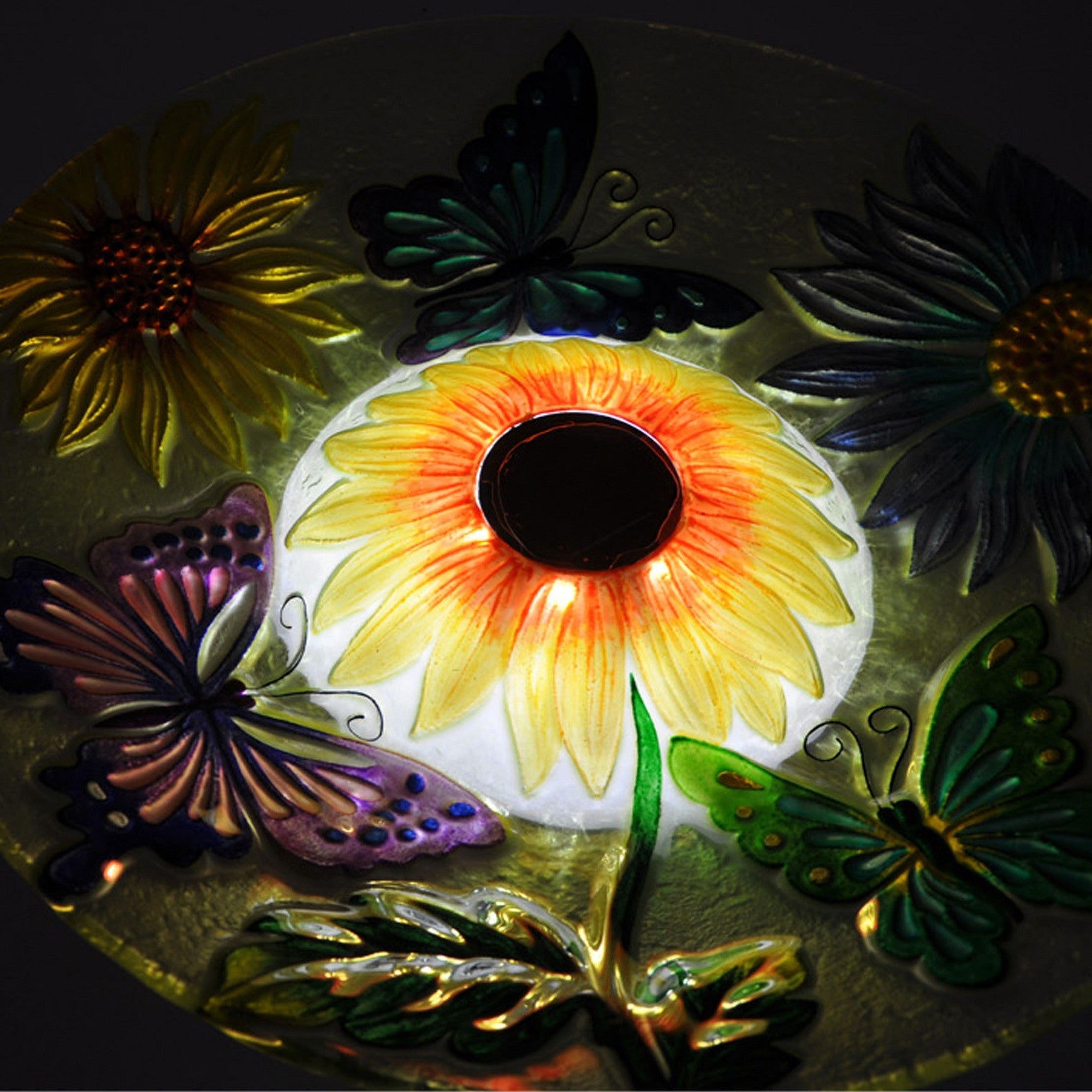Teamson Home - Outdoor 18 Inch Handpainted Butterfly Fusion Glass Solar Bird Bath w/ Stand