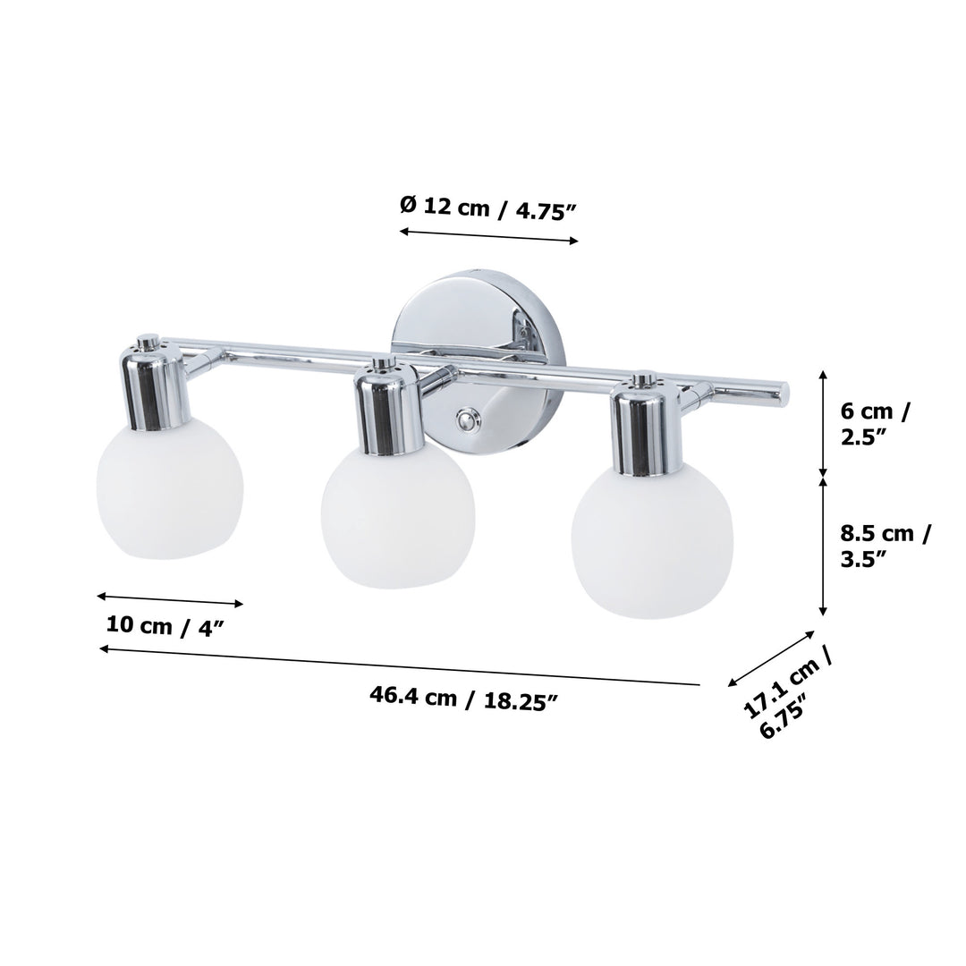 Dimensions in centimeters and inches of a Teamson Home  3-Light Vanity Fixture with Frosted Globe Shades, Chrome