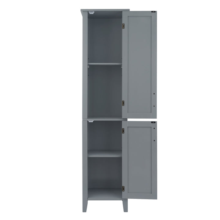 The Teamson Home Mercer Mid Century Modern Linen Tower Storage Cabinet with Two Doors, Gray with both cabinet doors open