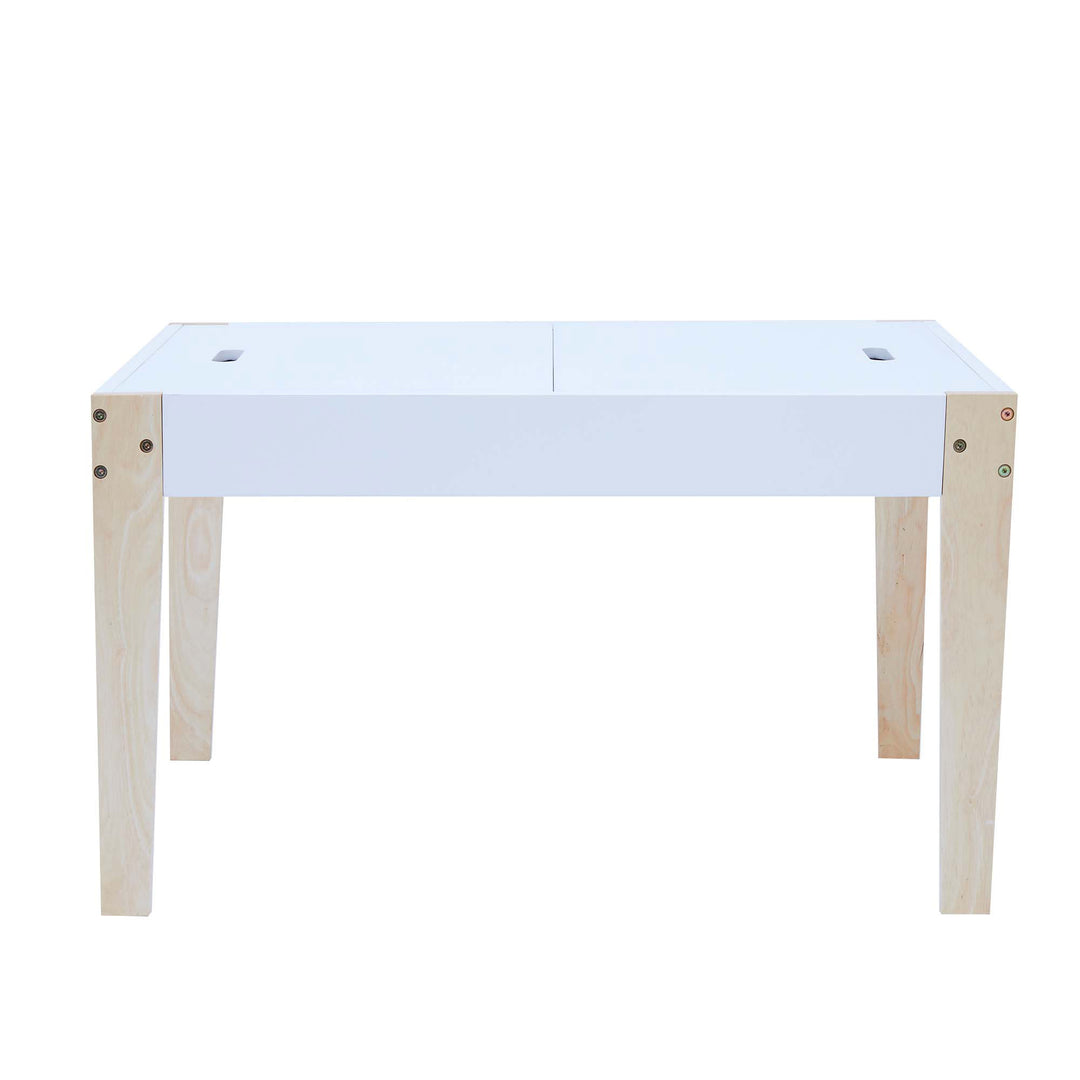 A white child-sized table with wooden legs