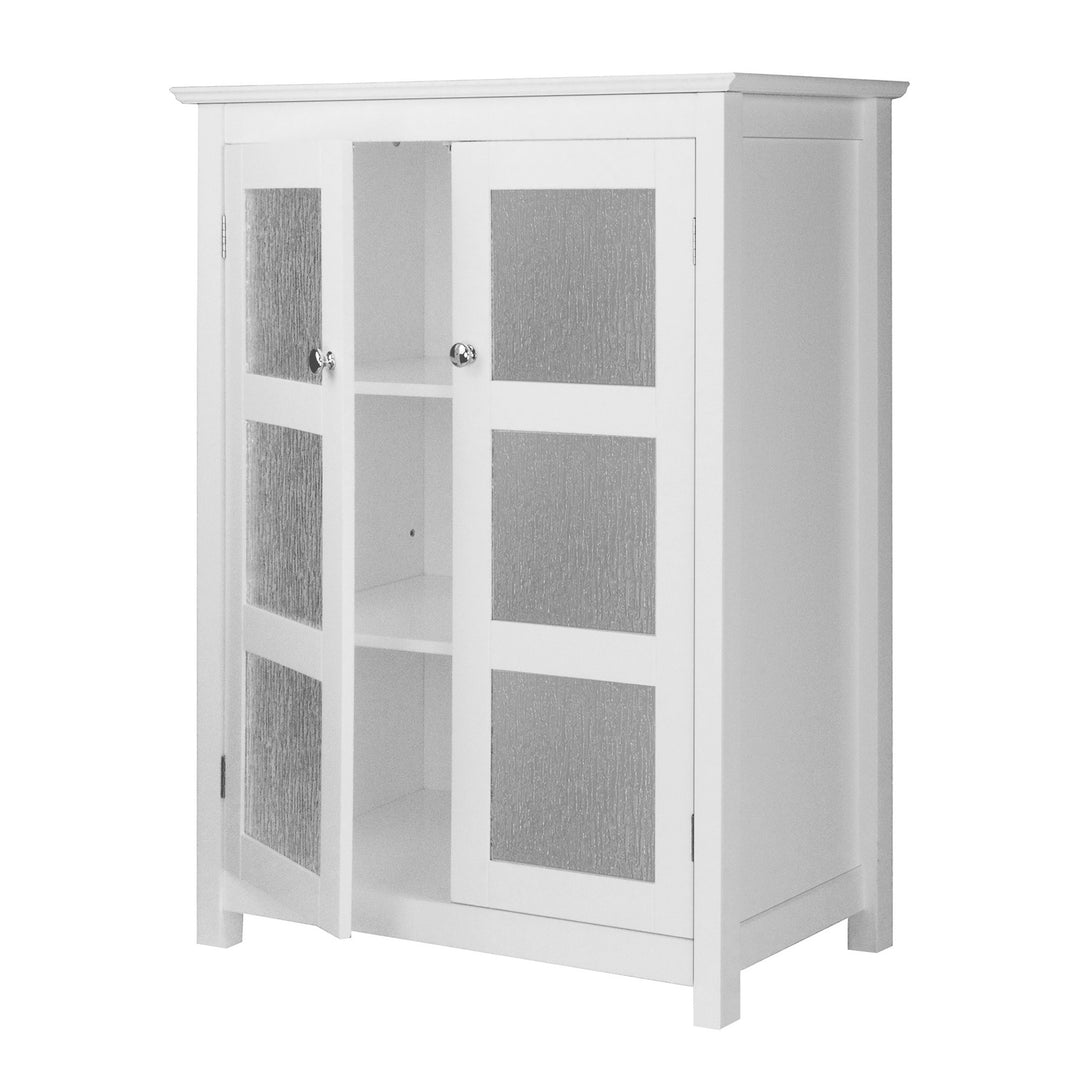 A view of an open door with water-textured glass panels on the Connor two door floor cabinet in white
