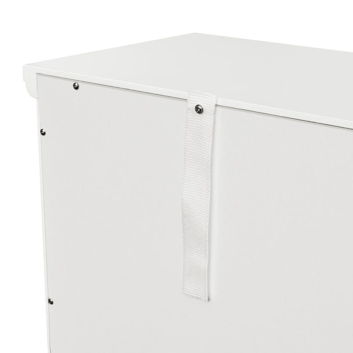 A close up of the back and the anti-tipping strap on the White Teamson Home Newport Contemporary Tower Storage Cabinet