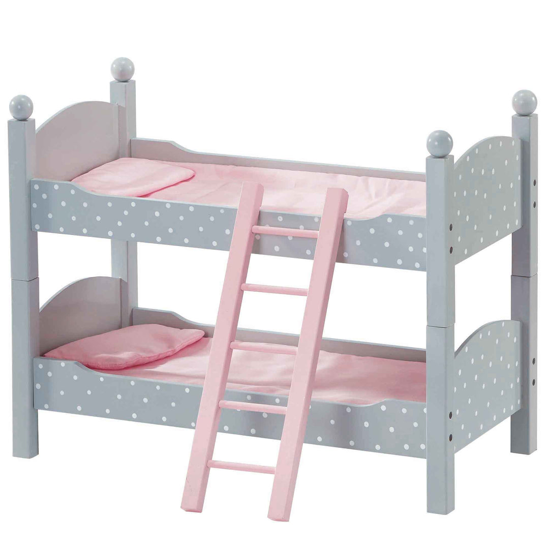 Gray with white polka dots bunk bed with pink ladder and pink bedding.
