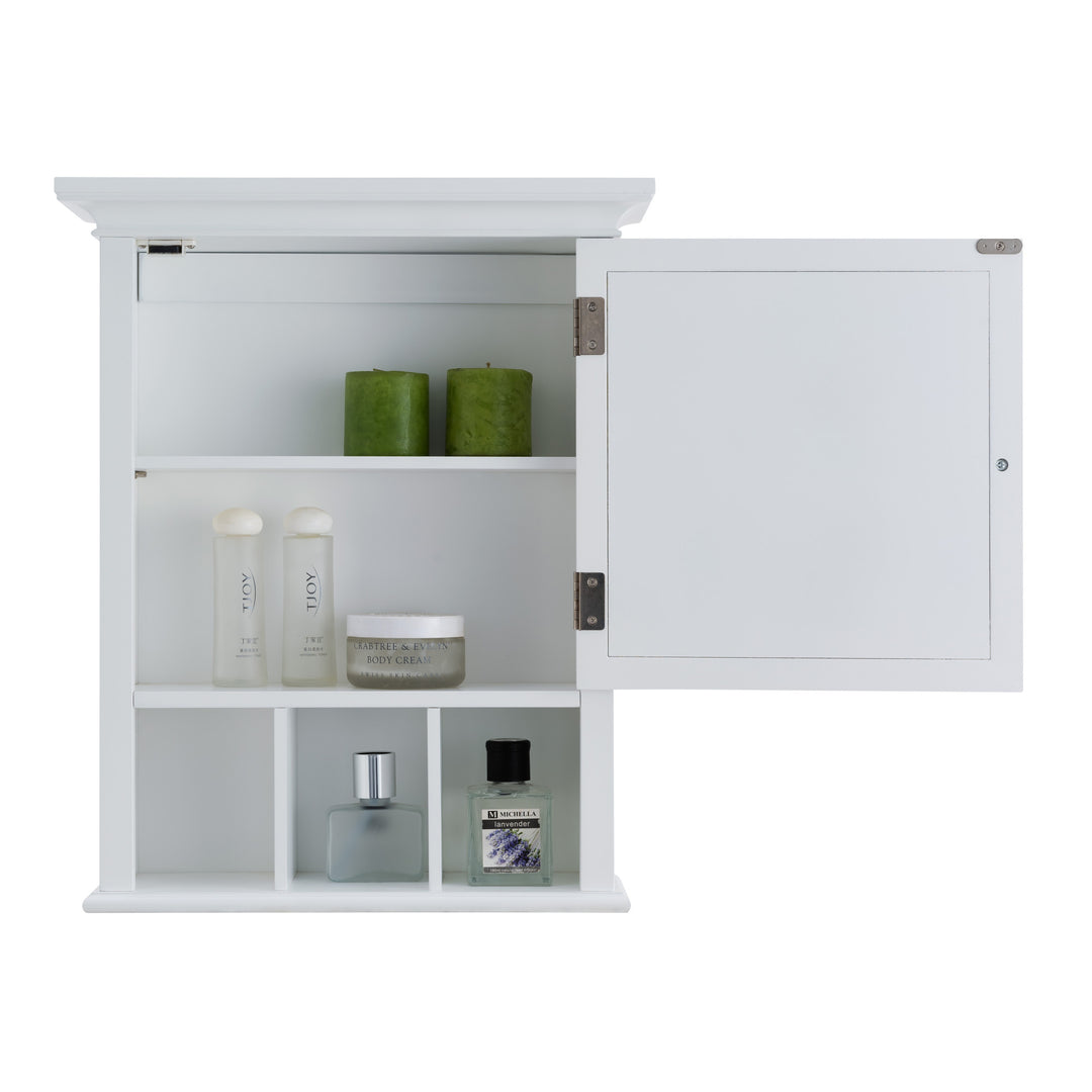 A White Teamson Home Neal Removable Mirrored Medicine Cabinet with open shelving with the cabinet door open revealing toiletries inside