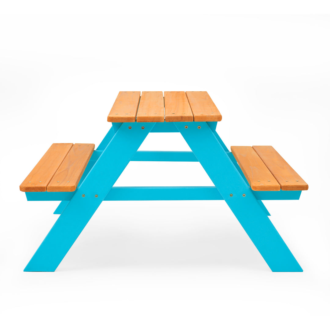 Side view of the Teamson Kids Child Sized Wooden Outdoor Picnic Table, Warm Honey/Aqua