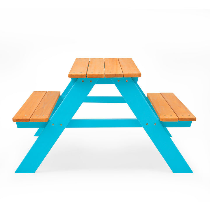 Side view of the Teamson Kids Child Sized Wooden Outdoor Picnic Table, Warm Honey/Aqua