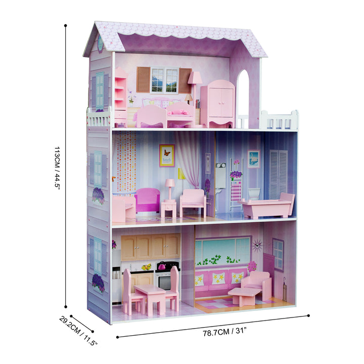 A three-story dollhouse with pink accessories and the dimensions in inches and dimensions.