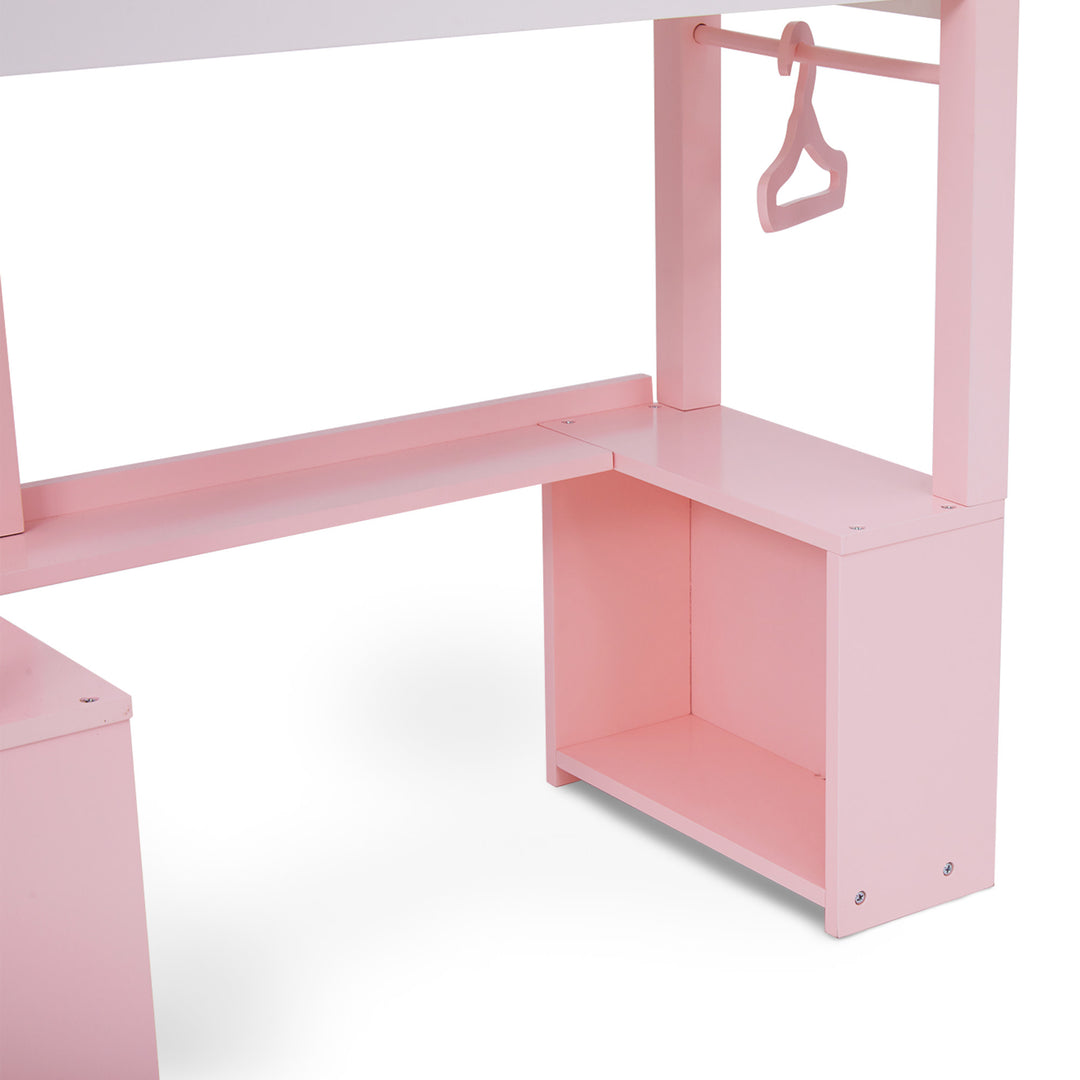 A close up of the clothes rod and storage space underneath the bed, in pink.