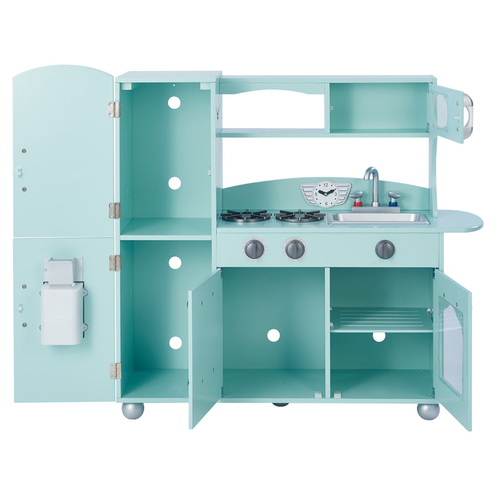Children's Teamson Kids Little Chef Westchester Retro Kids Kitchen Playset in mint with cabinets, sink, stove, oven, and interactive features.